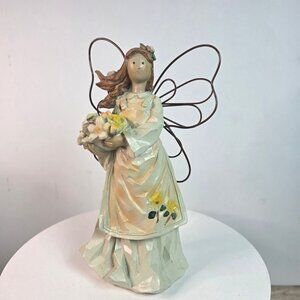 Handcrafted Angel Fairy Figurine With Flower Bouquet & Sunflower Details
